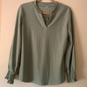 Hello Pink, Notched Flounce Sleeve Eyelet Top. Sage Green, easy flowing shirt